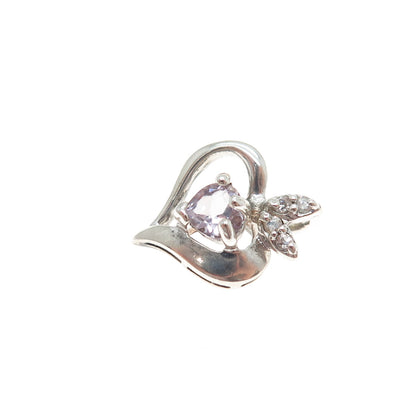 925 Sterling Silver Vintage Real Amethyst & C Z Heart Minimalist Slide Pendant