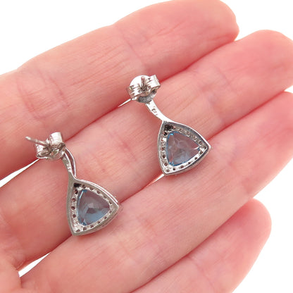 925 Sterling Silver Real Triangle-Cut Blue Topaz & Round-Cut C Z Earrings