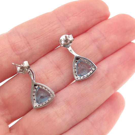 925 Sterling Silver Real Triangle-Cut Blue Topaz & Round-Cut C Z Earrings