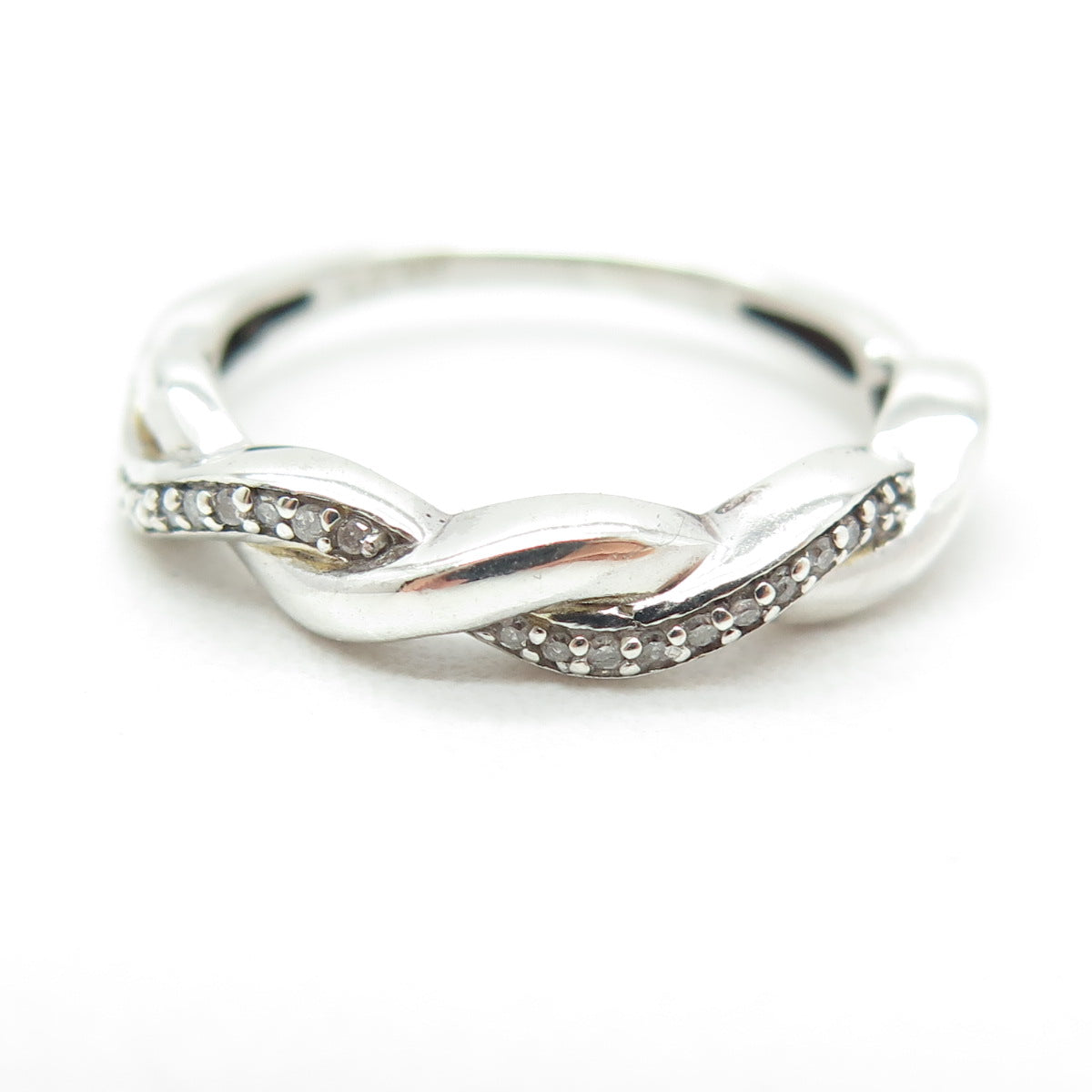 SAMARA SJD 925 Sterling Silver Real Round-Cut Diamond Twisted Ring Size 6.25