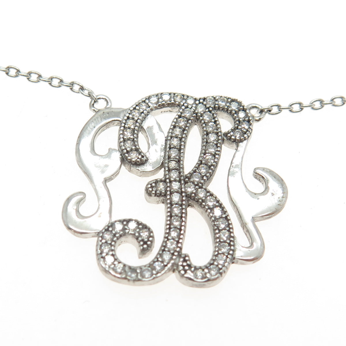 925 Sterling Silver Round-Cut C Z Letter "B" Initial Chain Necklace 16-18"