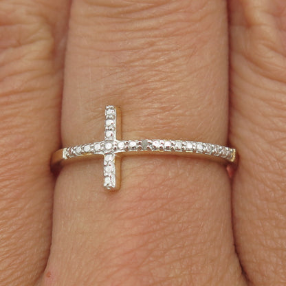 925 Sterling Silver Gold Plated Real Diamond Accent Cross Ring Size 8.25