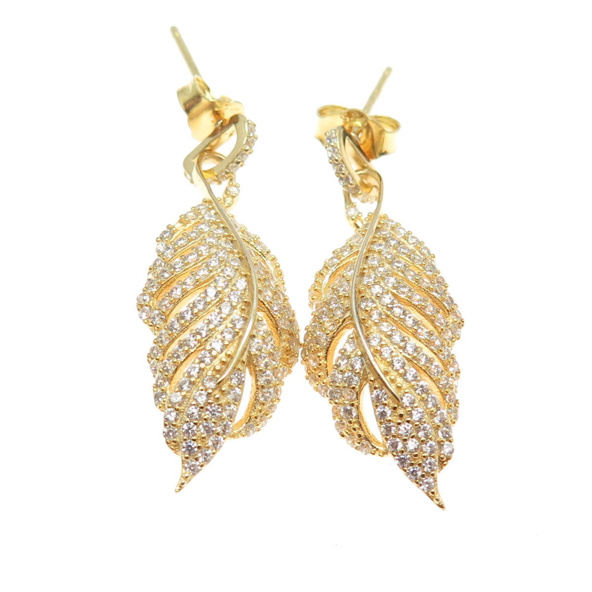 925 Sterling Silver Gold Plated Round-Cut C Z Feather Dangling Earrings