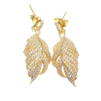 925 Sterling Silver Gold Plated Round-Cut C Z Feather Dangling Earrings