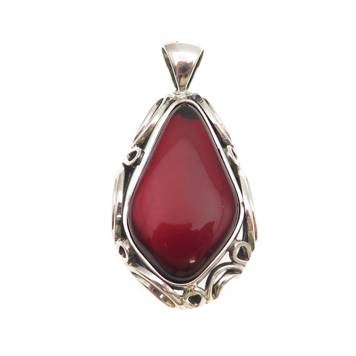 925 Sterling Silver Vintage Real Cherry Amber Modernist Floral Oxidized Pendant