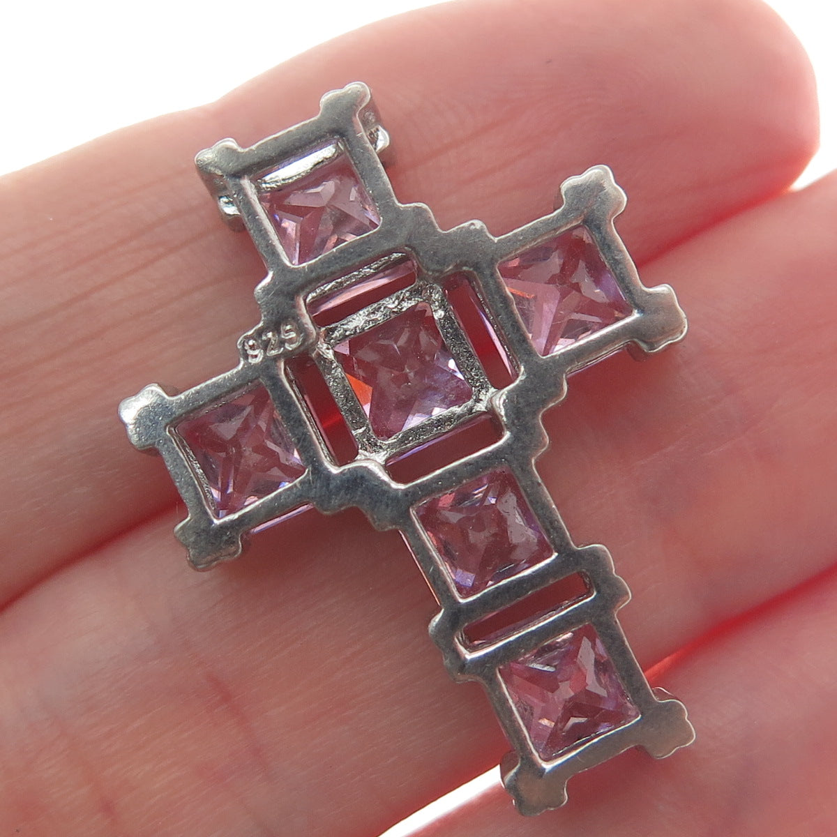 925 Sterling Silver Pink Princess-Cut Shaped C Z Cross Slide Pendant