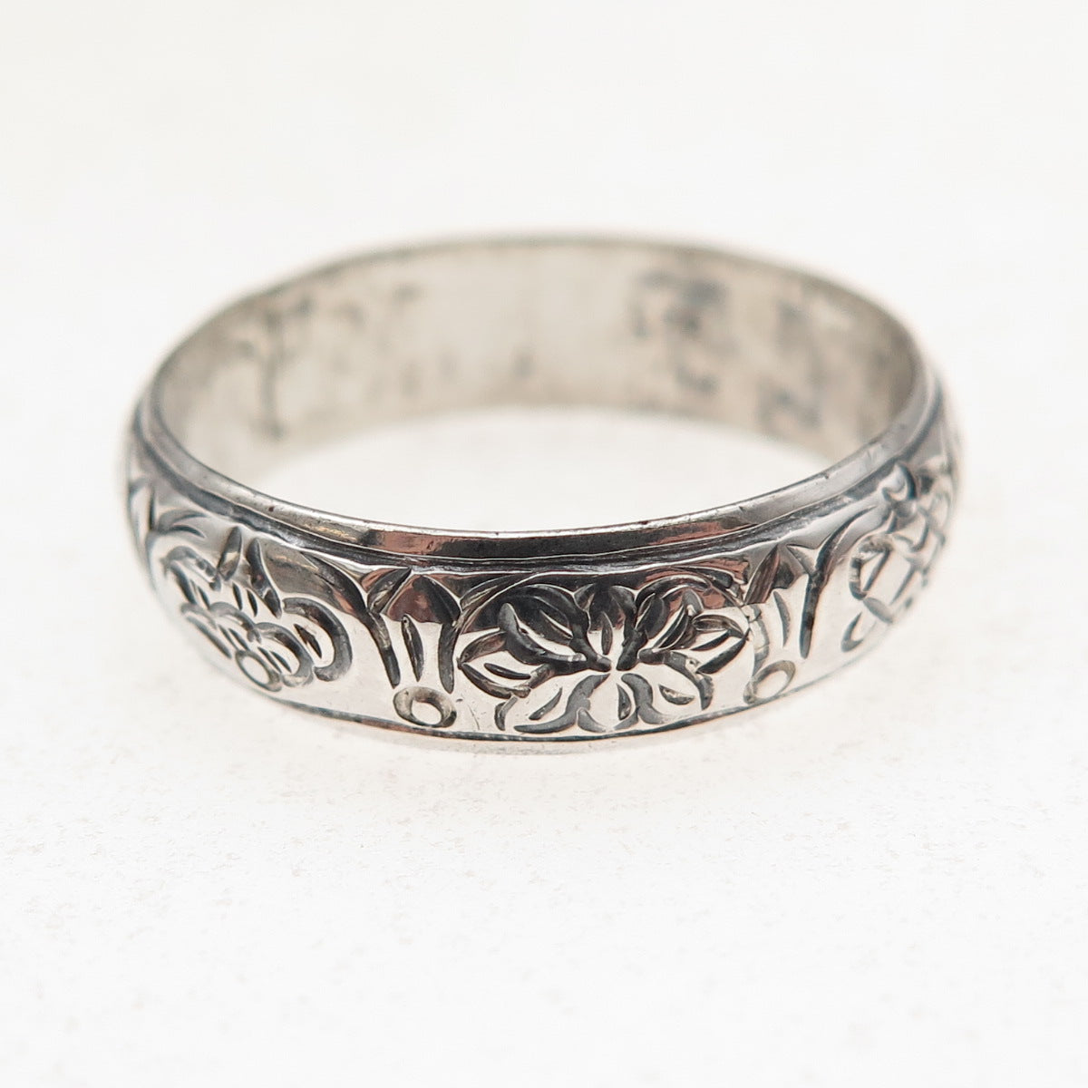 925 Sterling Silver Vintage Engraved Lotus Flower Oxidized Band Ring Size 9