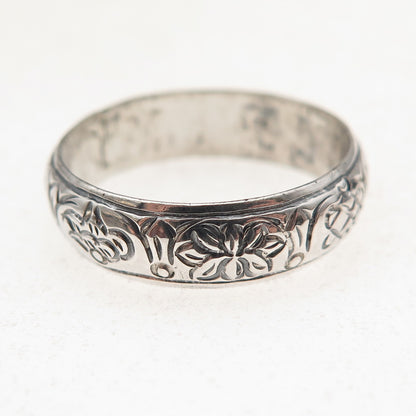 925 Sterling Silver Vintage Engraved Lotus Flower Oxidized Band Ring Size 9
