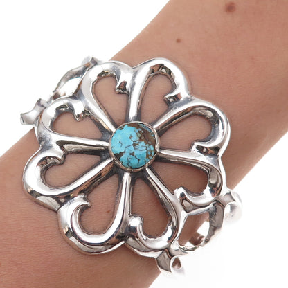 Old Pawn 925 Sterling Silver Vintage Turquoise Floral Adjustable Bracelet 6"