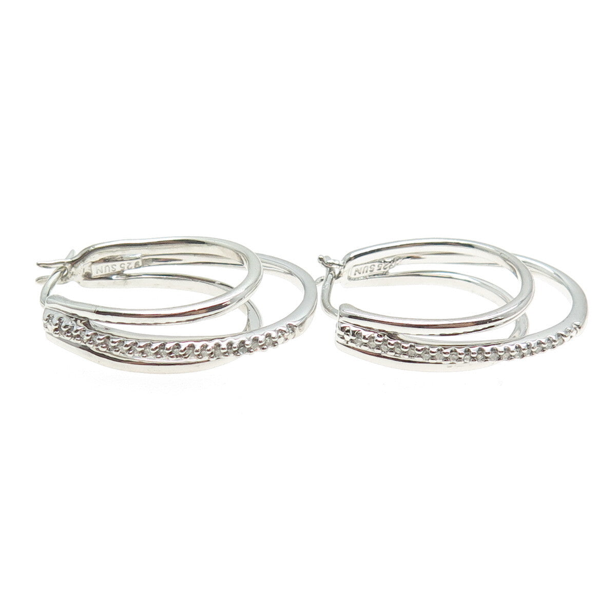 SUN 925 Sterling Silver Real Round-Cut Diamond Multi-Row Hoop Earrings
