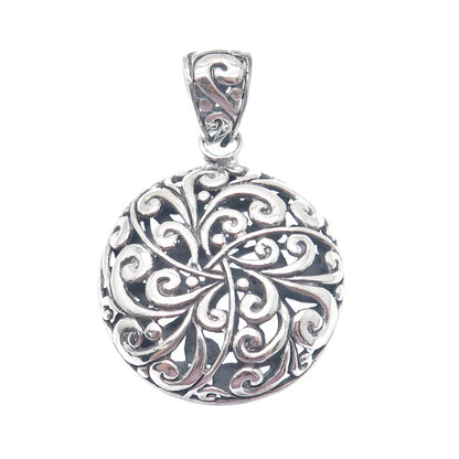 925 Sterling Silver Vintage Floral Ornate Oxidized Round Pendant
