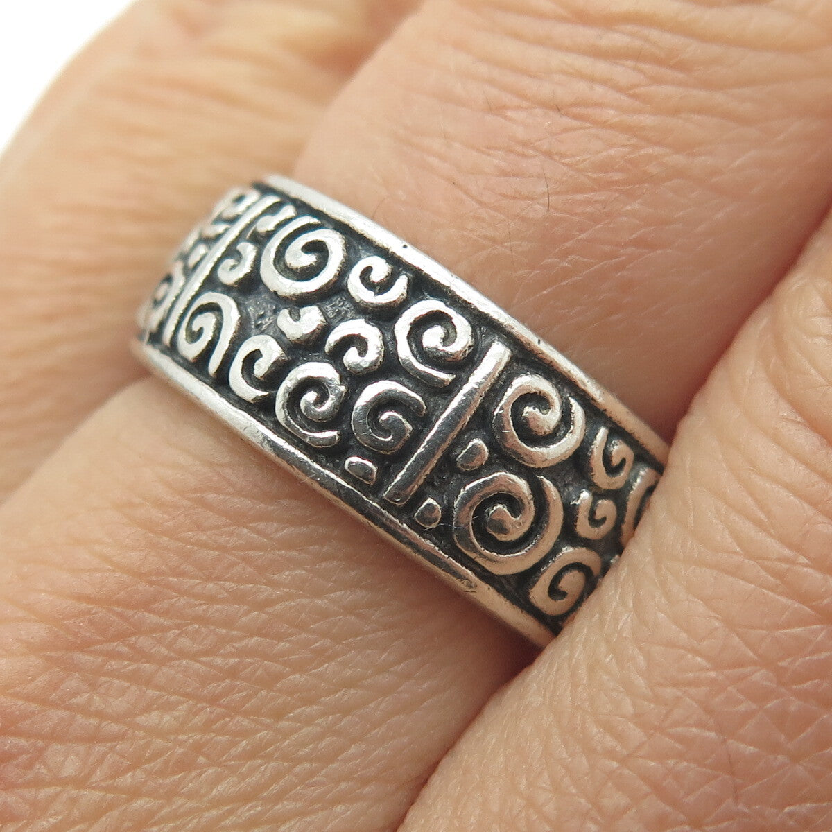 925 Sterling Silver Vintage Modernist Spiral Oxidized Band Ring Size 8.5