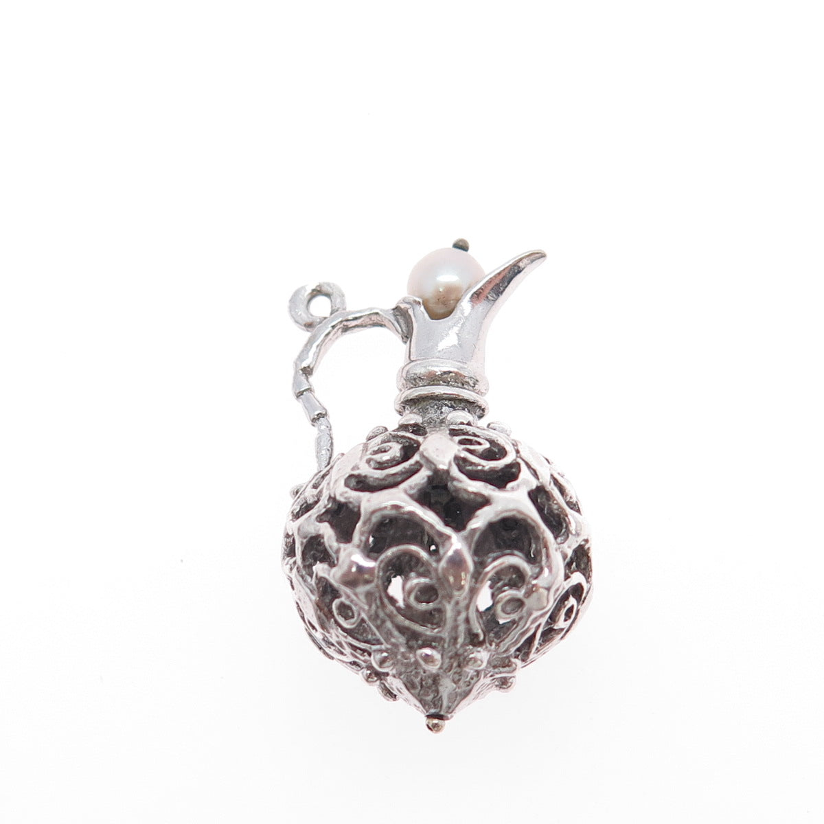 925 Sterling Silver Antique Art Deco Real Pearl Pitcher 3D Charm Pendant