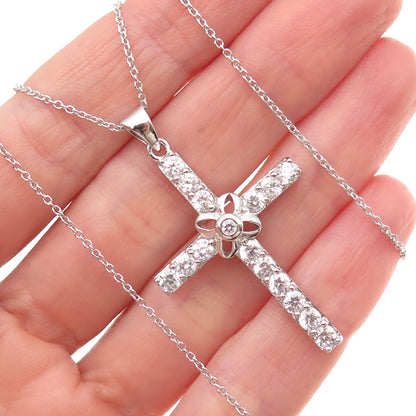 925 Sterling Silver Round-Cut C Z Floral Cross Cable Chain Necklace 18"