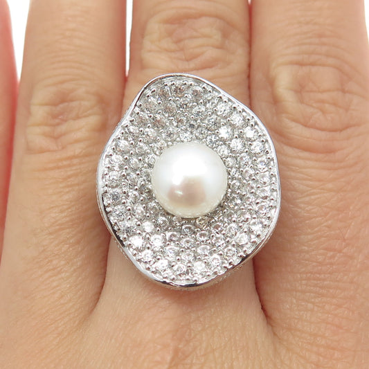 925 Sterling Silver Real White Topaz & Pearl Modernist Floral Ring Size 7