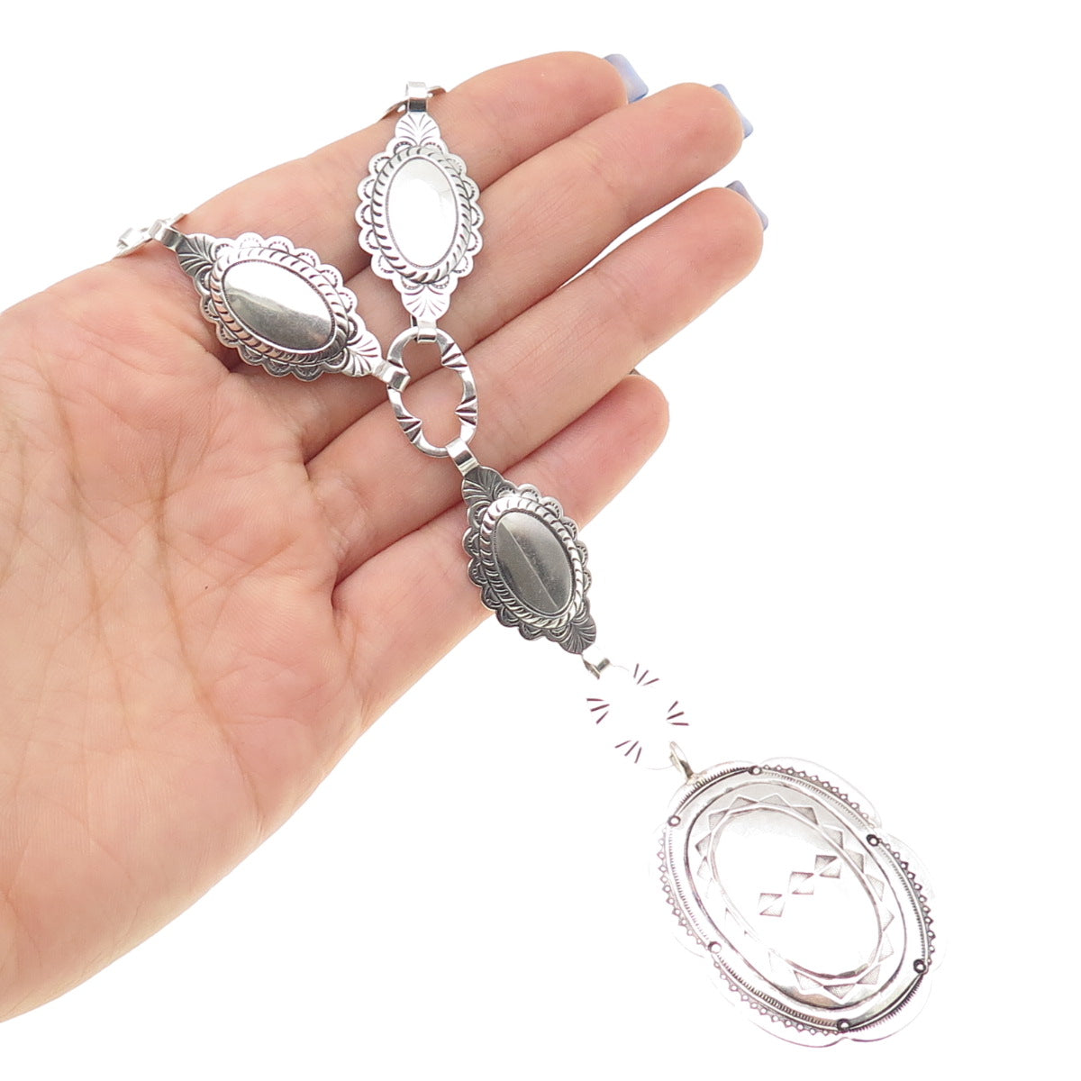 Old Pawn 925 Sterling Silver Vintage Southwestern Concho Chain Belt Necklace 34"