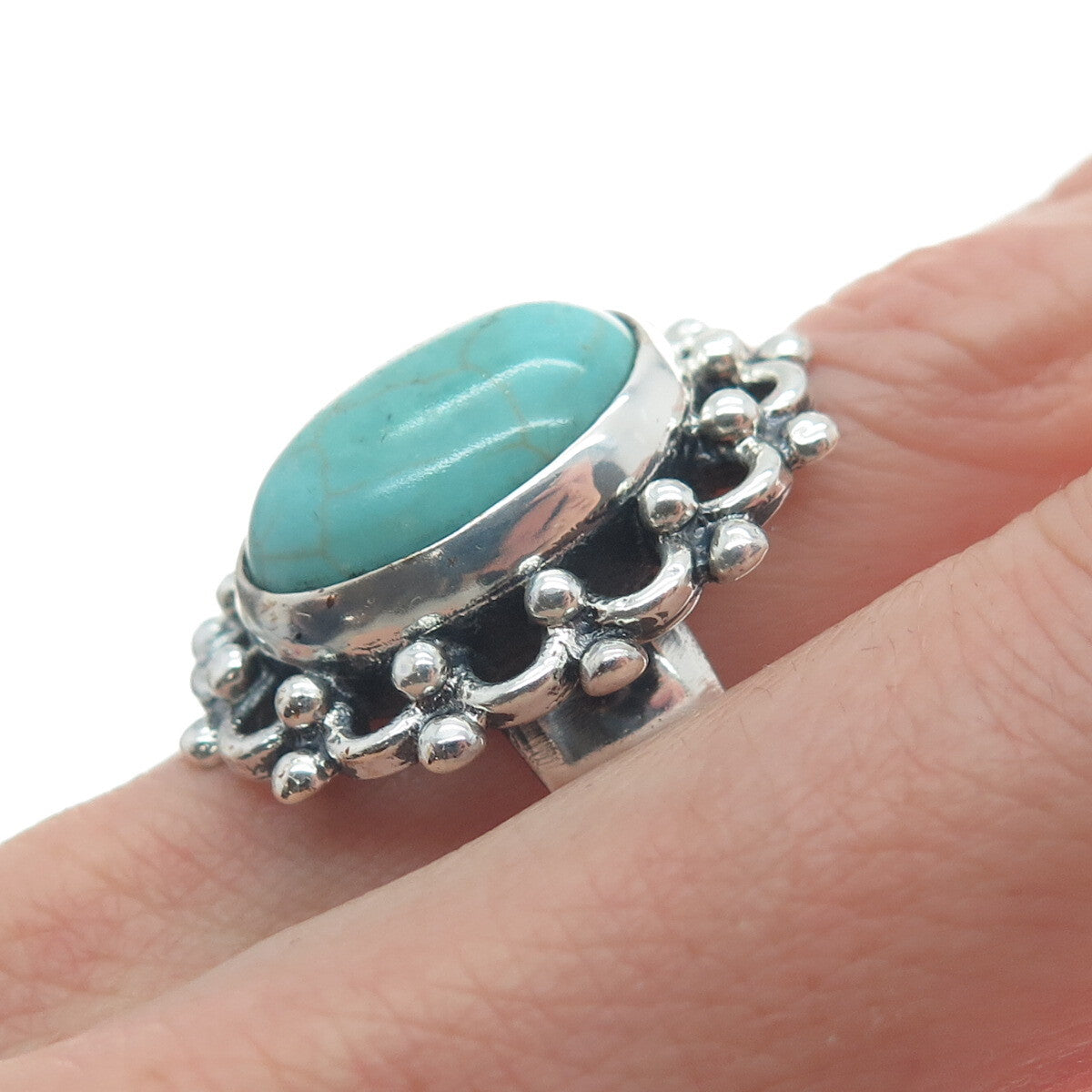 925 Sterling Silver Vintage Mountain Turquoise Flower Oxidized Ring Size 8.75
