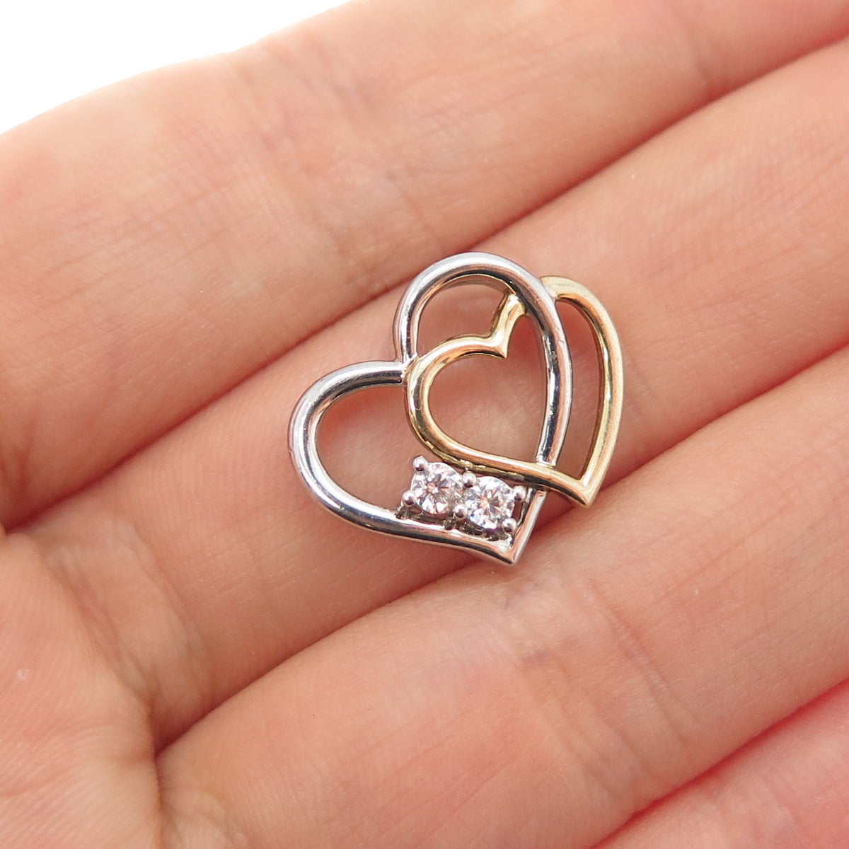 925 Sterling Silver 2-Tone Round-Cut C Z Double Heart Minimalist Slide Pendant