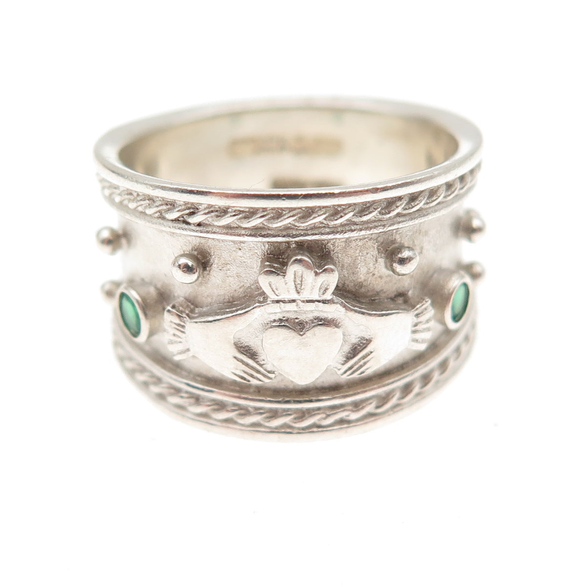 925 Sterling Vintage JB Ireland Real Green Chalcedony Claddagh Ring Size 6