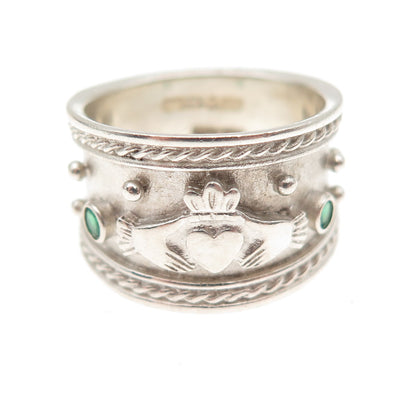925 Sterling Vintage JB Ireland Real Green Chalcedony Claddagh Ring Size 6