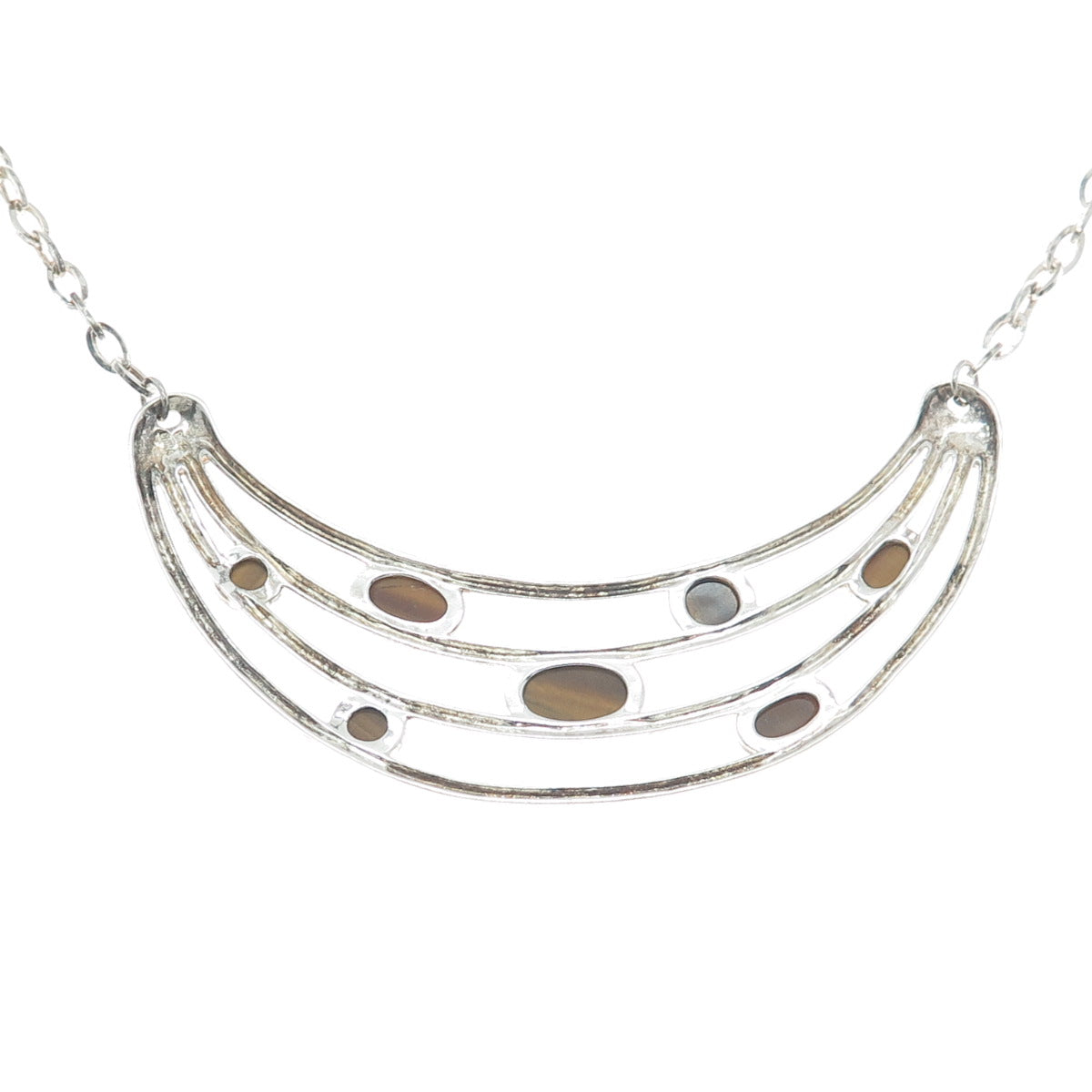925 Sterling Silver Vintage Real Tiger Eye Modernist Crescent Chain Necklace 18"