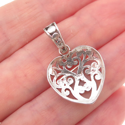925 Sterling Silver Vintage Floral Scroll Heart Oxidized Charm Pendant