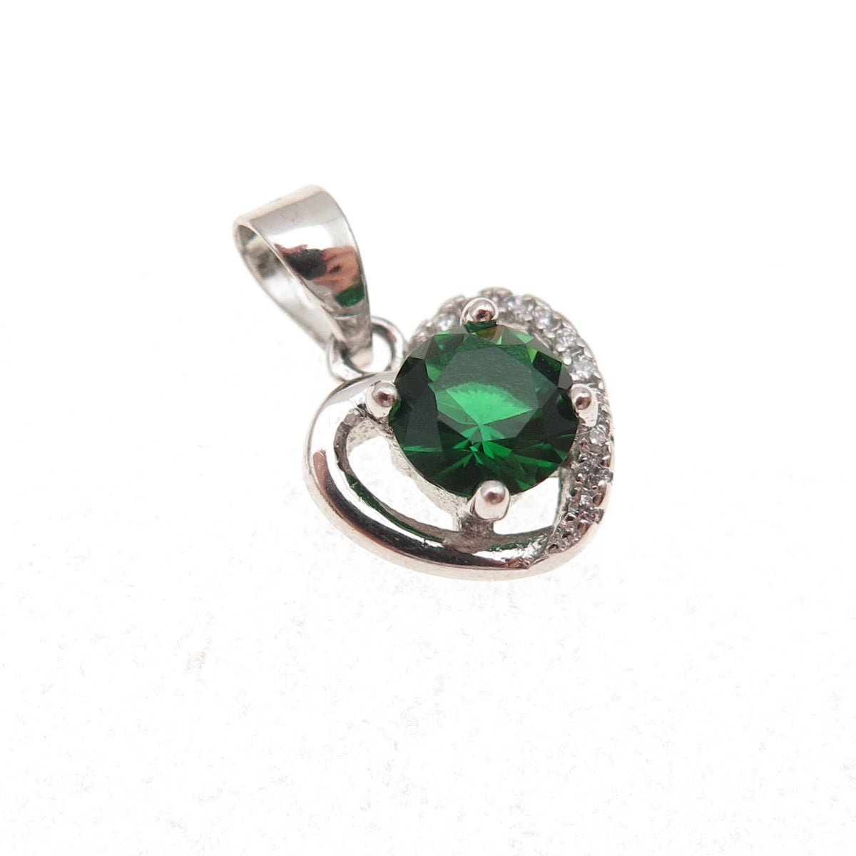 925 Sterling Silver Round-Cut Green & White C Z Heart Charm Pendant