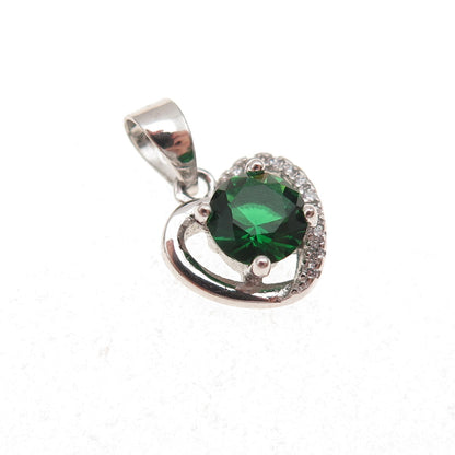 925 Sterling Silver Round-Cut Green & White C Z Heart Charm Pendant