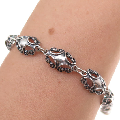 Beau 925 Sterling Silver Antique Art Deco Floral Filigree Link Bracelet 7"
