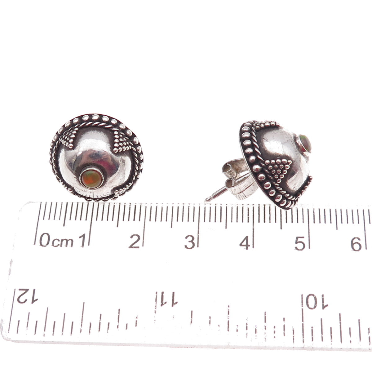 925 Sterling Silver Vintage Real Opal Cross Dome Oxidized Earrings