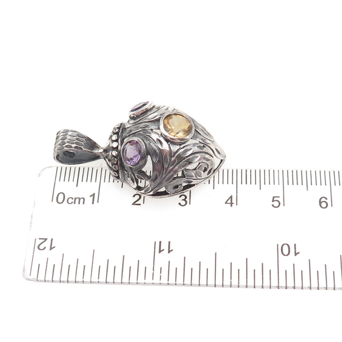 925 Sterling Silver Vintage Real Citrine & Amethyst Oxidized Charm Pendant