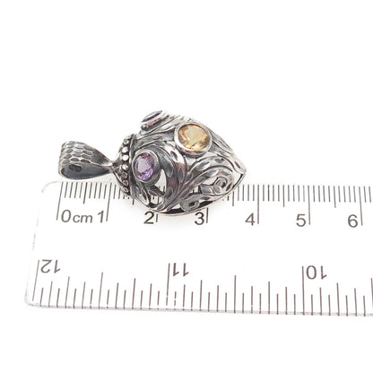 925 Sterling Silver Vintage Real Citrine & Amethyst Oxidized Charm Pendant