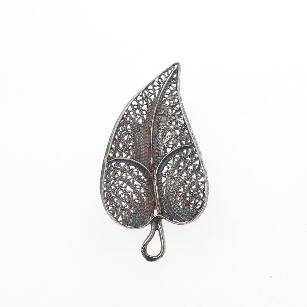 835 Silver Antique Art Deco Portugal Floral Leaf Filigree Oxidized Pin Brooch