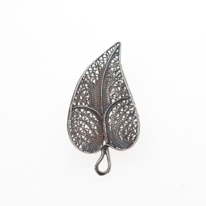 835 Silver Antique Art Deco Portugal Floral Leaf Filigree Oxidized Pin Brooch