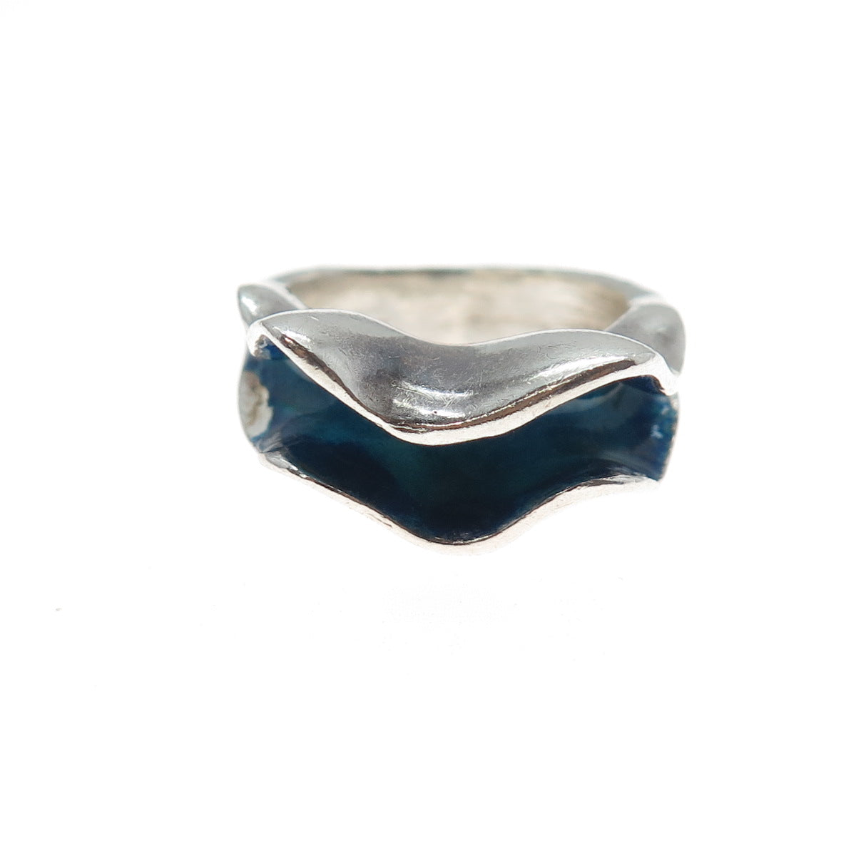 925 Sterling Silver Vintage Enamel Modernist Wavy Ring Size 7.75