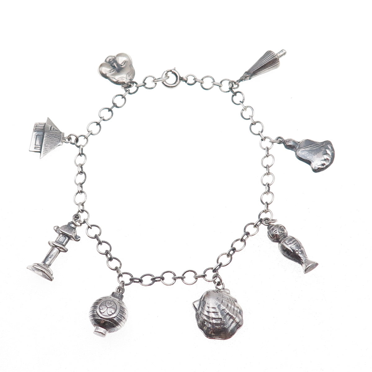 925 Sterling Silver Antique Art Deco Japanese Dangle Charm Bracelet 7.75"