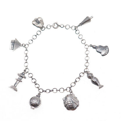 925 Sterling Silver Antique Art Deco Japanese Dangle Charm Bracelet 7.75"