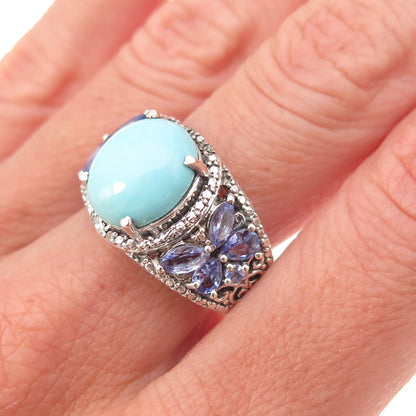 Chuck Clemency Sterling Silver Real Diamond Turquoise & Tanzanite Ring Size 8.25