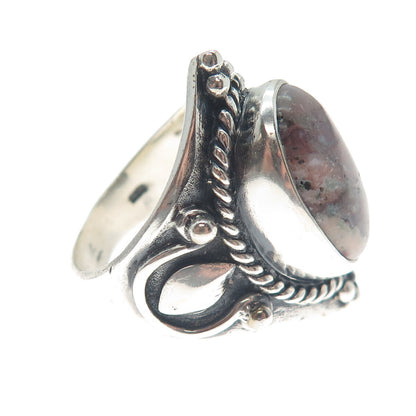 925 Sterling Silver Vintage Real Agate Harp Roped Oxidized Ring Size 9.75