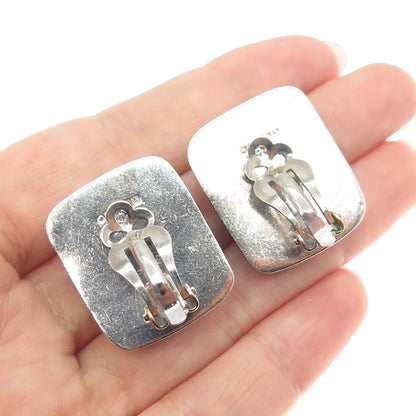 925 Sterling Silver Vintage Mexico Green & Black Onyx Modernist Clip On Earrings