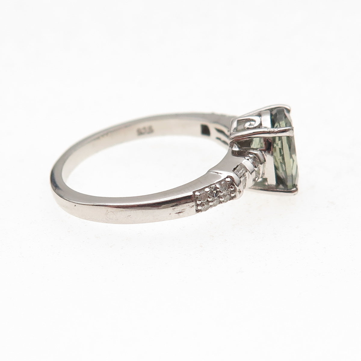 D'Joy 925 Sterling Silver Real Diamond & Green Amethyst Ring Size 8