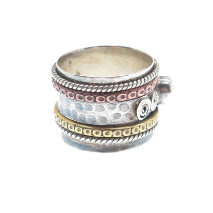 925 Sterling 3-Tone Vintage Real Blue Topaz Hammered Oxidized Ring Size 7.25