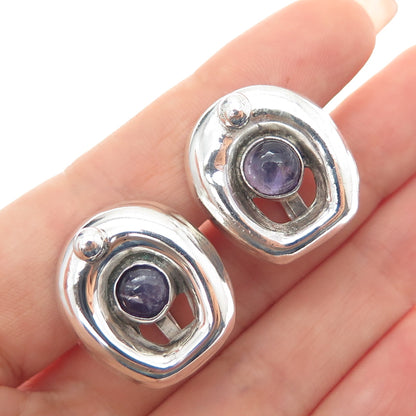 925 Sterling Silver Vintage Mexico Real Amethyst Modernist Screw Back Earrings