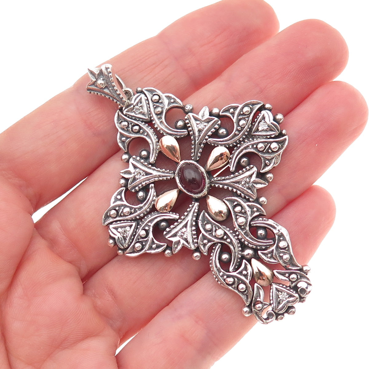 925 Sterling Silver 2-Tone Vintage Real Rhodolite & C Z Floral Cross Pendant