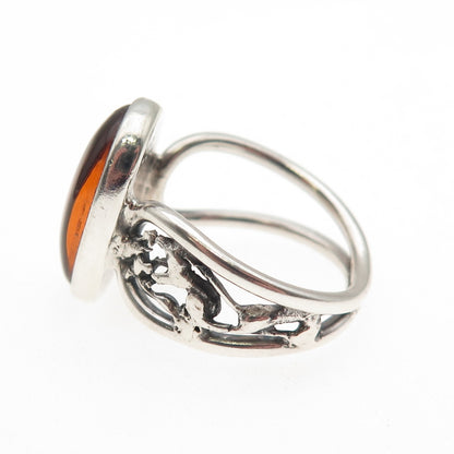 925 Sterling Silver Vintage Real Amber Modernist Oxidized Ring Size 6.5
