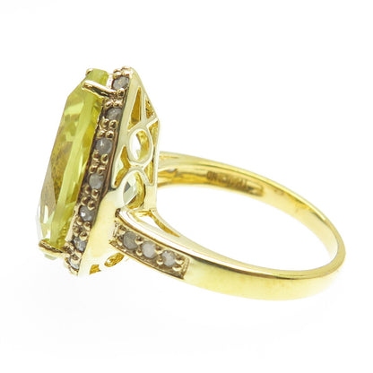 925 Sterling Silver Gold Plated Real Round-Cut Diamond & Citrine Ring Size 8.25