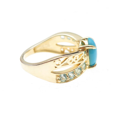 925 Sterling Gold Plated Sleeping Beauty Turquoise & Blue Topaz Ring Size 8.25