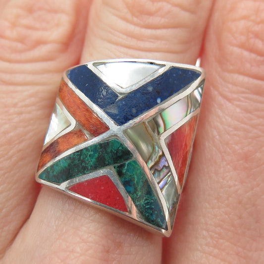 950 Silver Vintage MOP Abalone Shell Azurite Coral Lapis Adjustable Ring Size 9