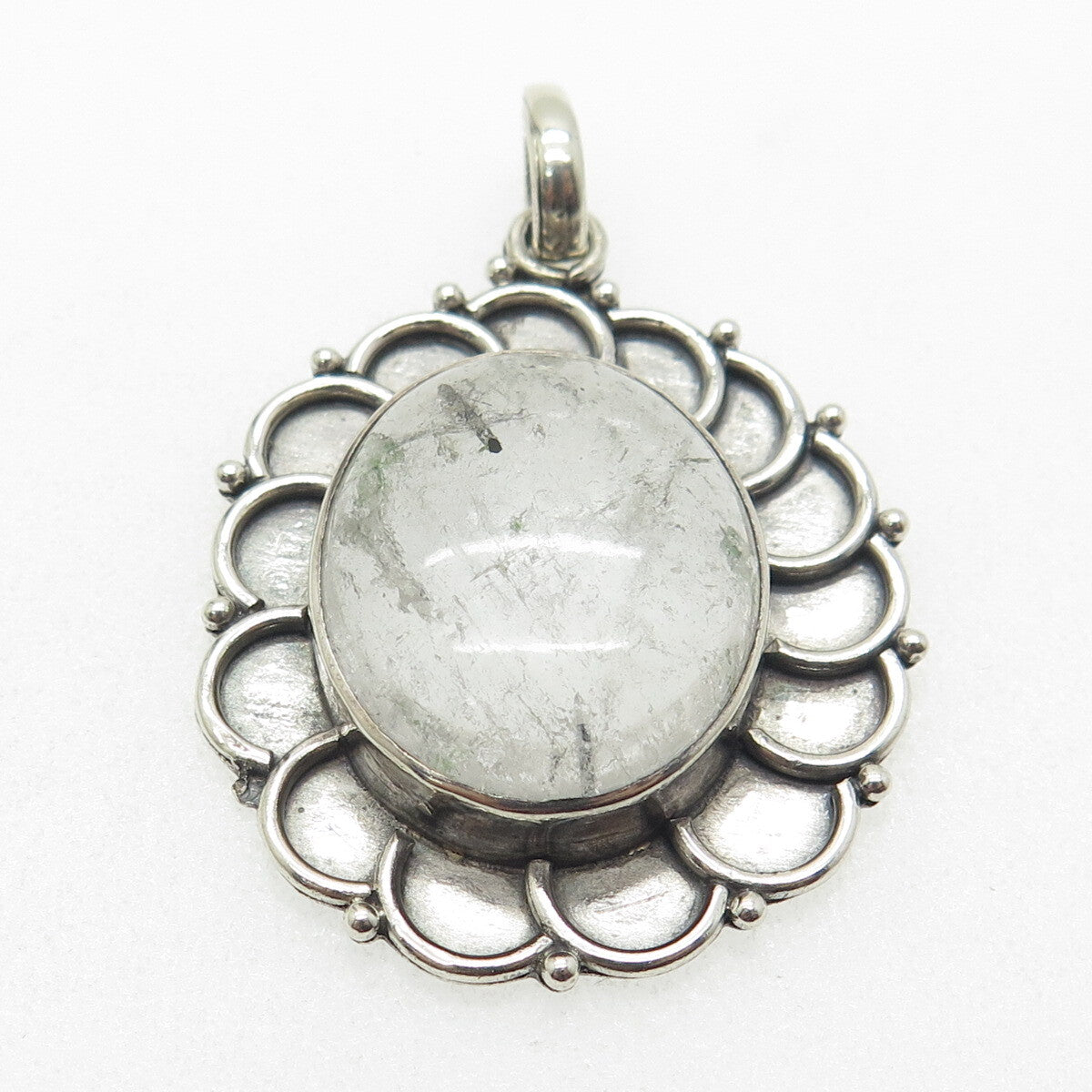 925 Sterling Silver Vintage Real Rutilated Quartz Flower Oxidized Pendant
