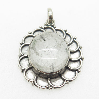 925 Sterling Silver Vintage Real Rutilated Quartz Flower Oxidized Pendant